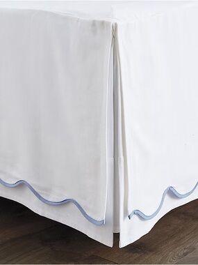 Set of 2 Ballard Designs Emma Scalloped Bed Skirts in White/Cornflower Trim